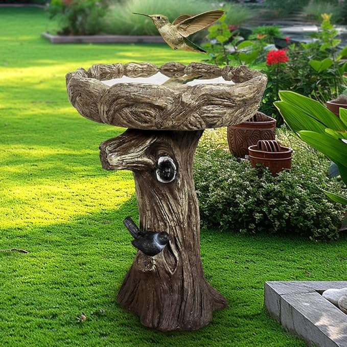 SKYFIRE 23” Tall Fibre Reinforced Concrete Birdbaths with Birds for Patio, Woodland Tree Trunk Decorative Outdoor Bird Bath for Garden，Pedestal Birdbaths for Outdoors, Garden, Patio, Lawn, Backyard