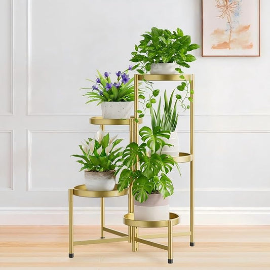 iDavosic.ly 5 Tier Large Plant Stand Indoor, 10 Inch Wide Tall Corner Metal Plant Stands Outdoor for Multiple Plants, Folding Tiered Flower Display Holder Rack Shelf, Gold