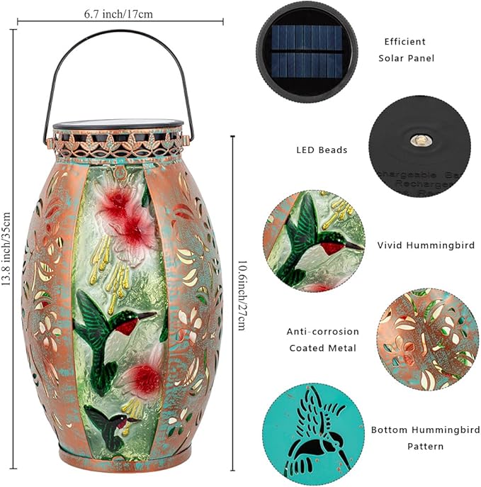 Hummingbird Solar Lanterns Outdoor Waterproof,Stained Glass & Metal Solar Lantern,Hanging Solar Lantern with Hollowed-Out Design,Hummingbird Tabletop Lamp Solar Lights for Yard Garden Patio