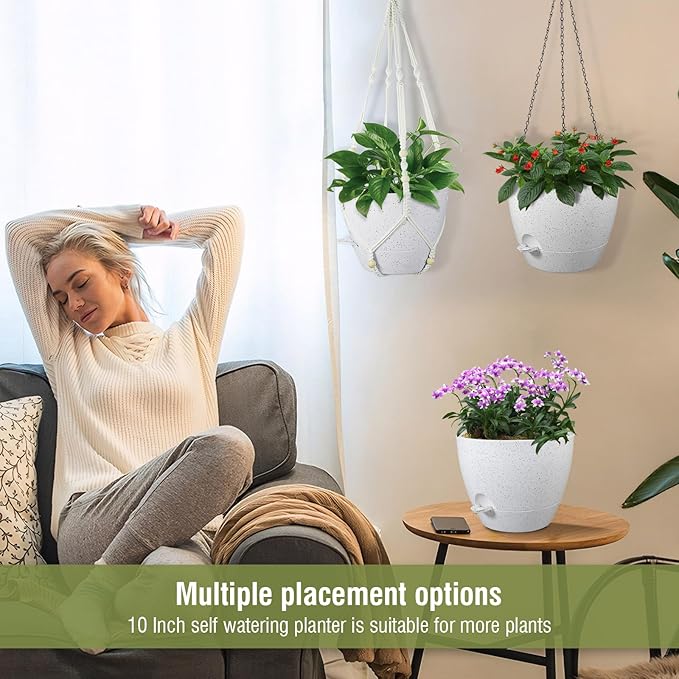 10 inch Self Watering Hanging Planters, 2 Pack Hanging Baskets for Indoor Outdoor Plants, Hanging Flower Pots with Drainage Holes and 2 Kinds of Plant Hangers for Garden Decor, Speckled White