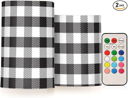 Flickering Flameless Candles, Black White Buffalo Plaid LED Candles with Remote Timer, Set of 2 Battery Operated Candle for Valentine Wedding Birthday