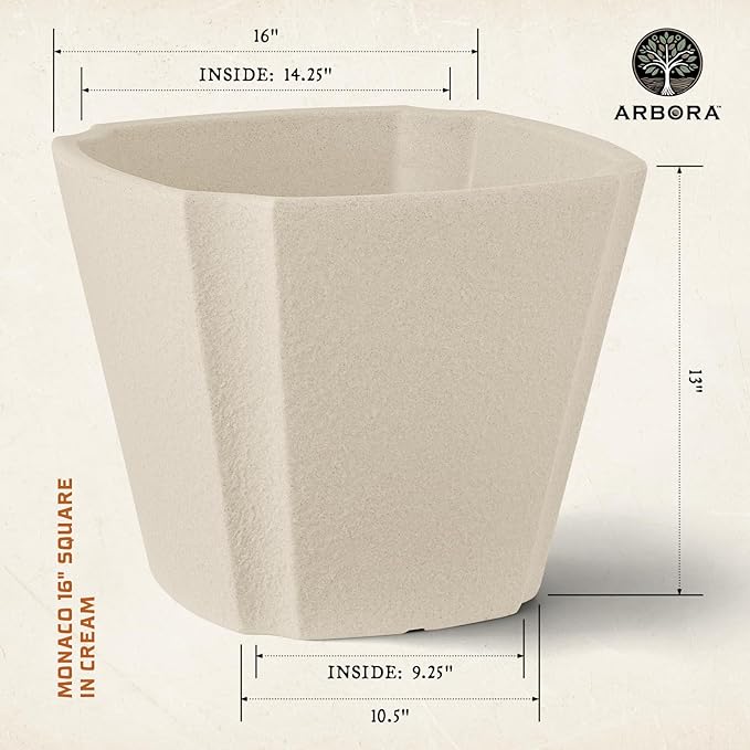 ARBORA 16" Monaco Square Polyresin Indoor and Outdoor Planter with Classic Cream Finish - Durable, Weatherproof, Lightweight, Large Plant Pot for Patio, Garden, Deck, Entryway