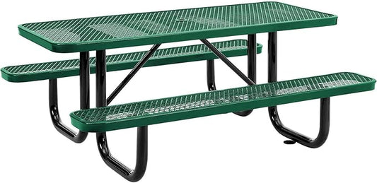 Global Industrial 6’L Rectangular Picnic Table, Expanded Metal, Green Thermoplastic Coating, Attached Benches, 1-1/2” Umbrella Pole Hole, Outdoor-Rated, 1000 lb Capacity, 72” x 30” Tabletop