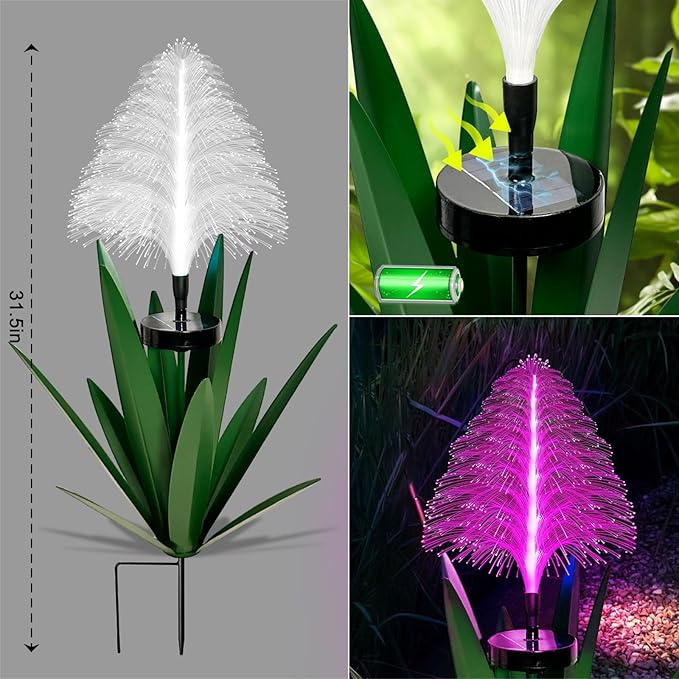 Metal Outdoor Decoration Gift Christmas Decorations Outdoor Metal Agave Yard Art Garden Lights Solar Outdoor, 7 Color Changing Garden Yard Pathway Xmas Decor Waterproof (2 pcs Green)