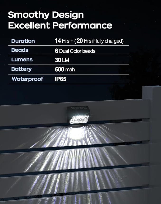 Solar Step Lights 30 LM, 2 Modes Solar Fence Light Waterproof for Wall, Rail, Porch, Backyard, Garden, Decorative Solar Lights for Outside, Garden Solar Lights Decorative 6 Pack