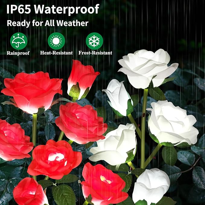 Solar Garden Lights, Solar Outdoor Lights with More Realistic 20 Rose Waterproof Solar Powered Flowers Lights for Outside Patio Yard Pathway Decorations, White and Red