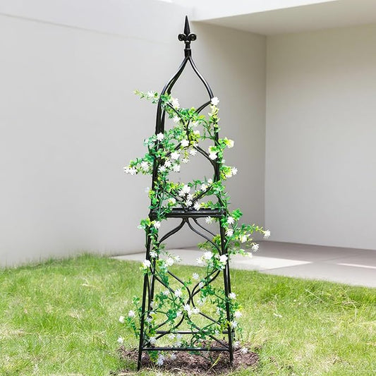 Obelisk Trellis for Garden - 38.3" x 10.03" Durable Metal Climbing Support for Roses, Vines & Flowers | Elegant Black Design with Decorative Top & Hollow Sides