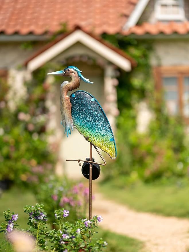 TERESA'S Collections Garden Decor for Outside Blue Heron Solar Lights, 42" Glass Lawn Ornaments with Outdoor Lights Decorative Stake, Yard Art Decorations Outdoor for Patio Gifts for Mom Grandma