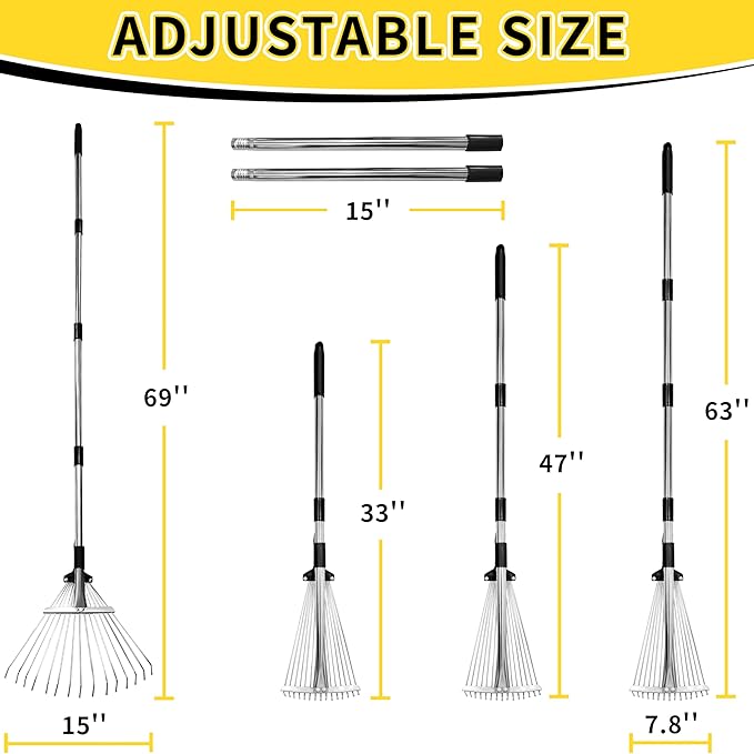 Garden Rake for Leaves,Heavy Duty Metal Adjustable Leaf Rake for Lawns,Long Handle 33"-69" with Expandable Head 8"-15",Garden Tools for Yard Lawn Shrub Garden Beds