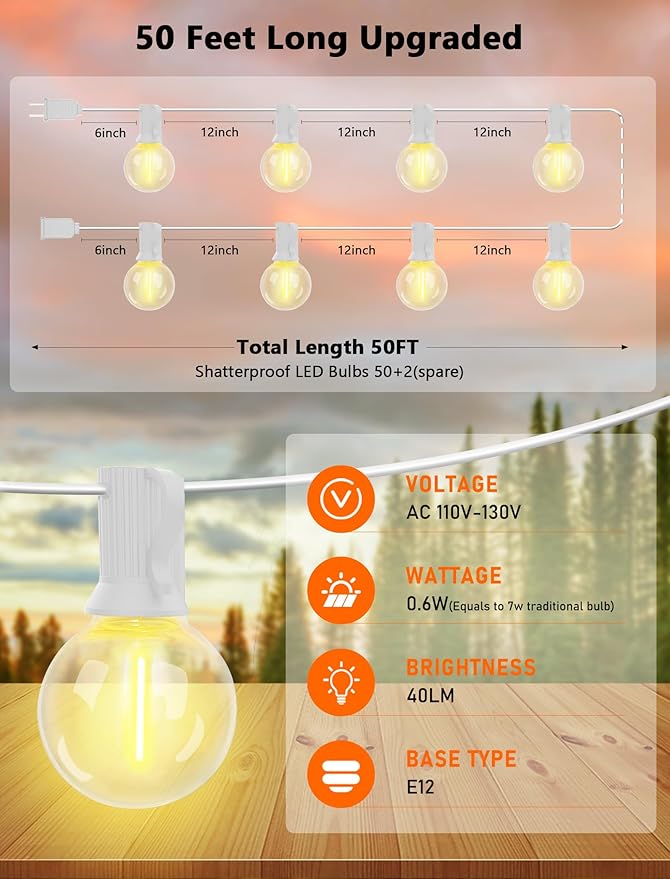 Outdoor LED String Lights 50ft - G40 Edison Bulbs with Clear Plastic Globes, Dimmable Waterproof Commercial Grade Fairy Lights for Wedding/Backyard/Cafe, Indoor Outdoor Party Decoration (Warm White)