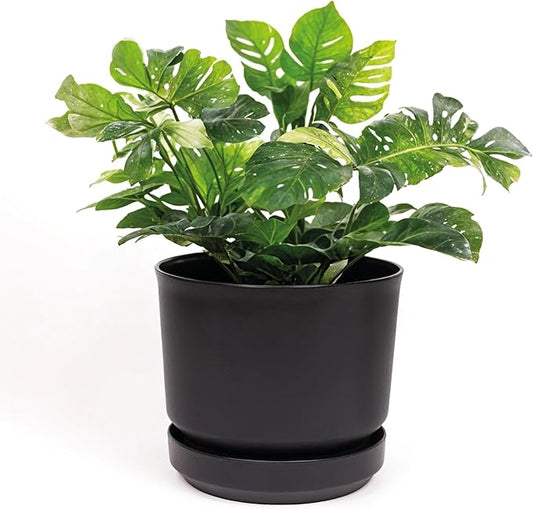 Elly Décor 14 inch Plastic Cylinder Planter Pot with Self-Watering Saucer and Drainage Hole,Lightweight & Extremely Durable, 14"x 14", Black