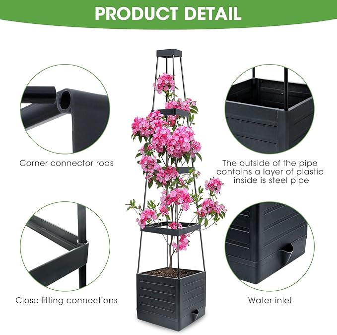 Raised Garden Bed Planter Box with Trellis, 58” Tomato Cage Planter Raised Garden Bed with Trellis for Climbing Vegetables Plants Tomato Cage w/Self-Watering, Indoor Outdoor Use (4)