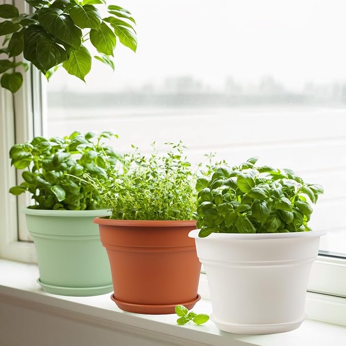 11 Inch Plastic-Flower-Pot-for-Indoor-Plants, 4 Pack Large Outdoor Planter Pot with Drainage Holes & Saucers, Resin Decorative Garden Pots Planters