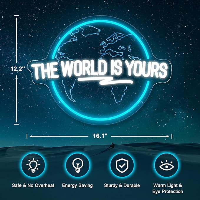 The World Is Yours Neon Sign, Carved Planet The World Is Yours LED Neon Light Signs for Wall Decor, Light Up Signs for Man Cave Game Room Bedroom Birthday Gift