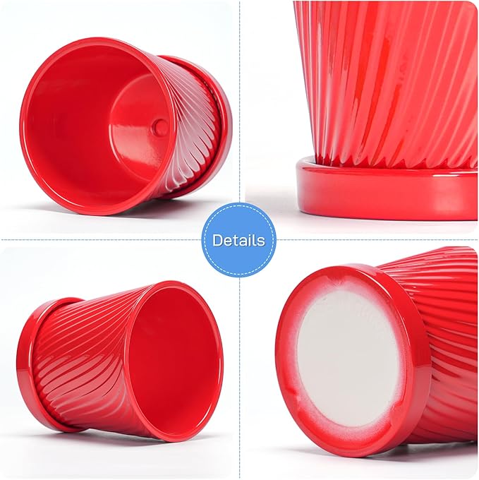 Ton Sin Plant Pots, 6 Inch Flower Pots for Plants,Ceramic Planter with Drainage Holes,Indoor Planter Pots with Saucer,Outdoor Garden Pots (Red, 4 Pack)