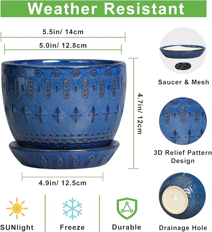 G EPGardening Plant Pot 5 Inch - Ceramic Planter for Indoor Plants Outdoor, Succulent Orchid Pot with Drainage Hole and Saucer, Round Flower Pot for Home Decor, Blue