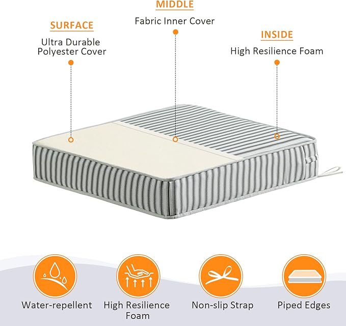 Square Corner Seat Cushions, 19" x 19" x 3", Set of 4, Indoor Outdoor Water Repellent Universal Chair Pads with Ties for Patio Furniture, Garden Deck Dining Chairs, Black and White