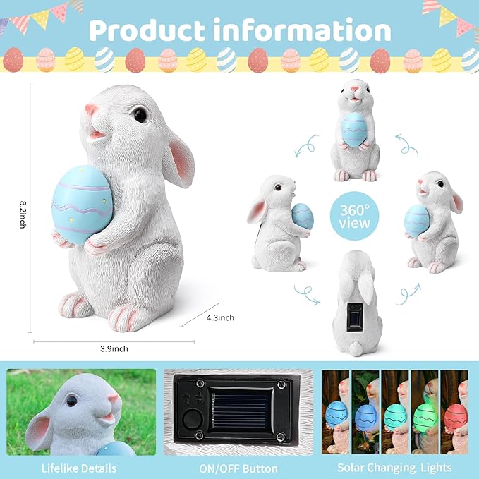 Solar Easter Rabbit Garden Statues Outdoor Bunny Decor Resin Bunny Statue with Egg Changing LED Lights Outdoor Easter Decorations for Porch Patio Lawn Yard Easter Gifts for Mom Grandma