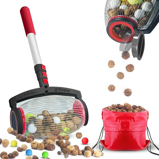 Zozen Nut Gatherer, Walnut Picker Upper Roller, Pinecone Picker Upper - Side Opening Dump | Apply to Walnut, Pecan, Hickory, Chestnuts, Buckeyes, Golf, Crab Apple Objects Size 1'' to 2.5''; 1.5 Gallon