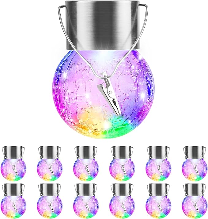 12 Pack Hanging Solar Lights Outdoor Decorative, Waterproof Solar Globe Lantern with Handle and Clip, Solar Powered Cracked Glass Ball Lights for Garden Yard Patio, Fence Tree Umbrella, Holiday Decor