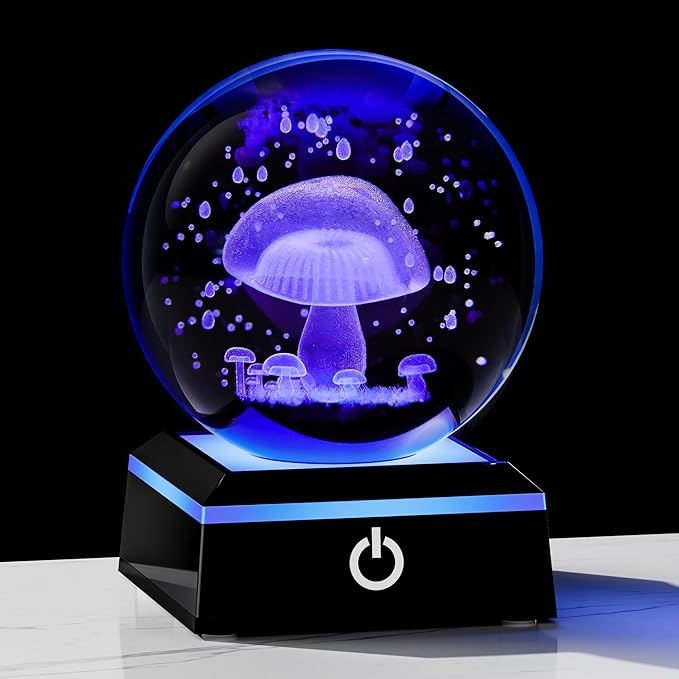 Qianwei 3D Crystal Ball Night Light - 3.14'' Mushroom Decor Glass Plants Lamp Figurines Statue for Room Decoration