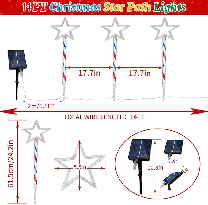 Solar Pathway Lights Outdoor 4th of July Decorations, 2 Sets of 6 Red White and Blue Star Walkway Lights With 180 LED, Waterproof Remote Control Timed Patio for Lawn Garden Decor