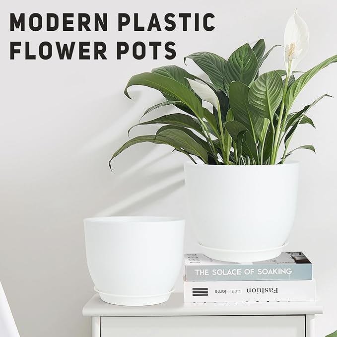 Plant Pots 10/9/8/7.5/7 inch Flower Pots with Multi Mesh Drainage Holes, Planters for Indoor Outdoor Garden Plants and Flowers. (White)