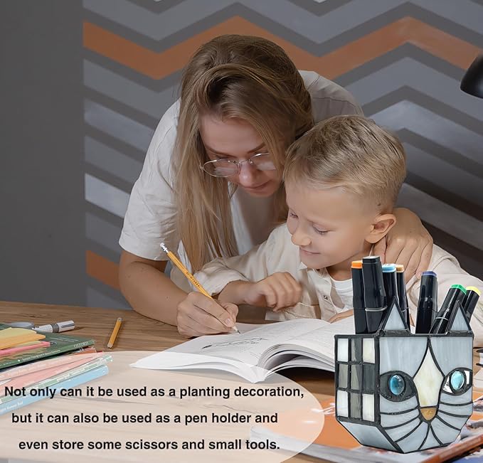 Gray Cat Glass Planter, Cat Plant Pots Indoor, Unique Small Gray Cat Planter, Glass Gap Automatic Drainage System and Base Saucer, Window Sill Cat Decoration Gift,4.6x5.15x2.3IN (Gray)