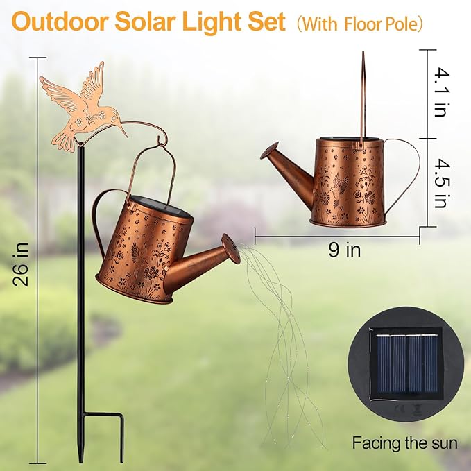 Outdoor Hanging Solar Lantern Waterproof Set Outside Metal Sprinkler Openwork Hummingbird Landscape Lights for Garden Yard Patio Pathway Decor Birthday Gifts for Women Mom Grandma -with Floor Pole