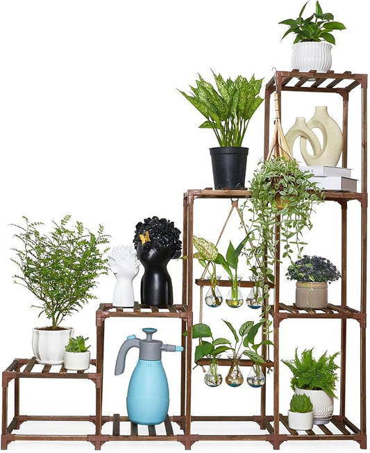 XXXFLOWER Plant Stand Indoor Outdoor Wood Plant Shelf for Multiple Plants ，Large Plant Rack for Window Garden Balcony Patio Porch Living Room (Brown-8 Potted)