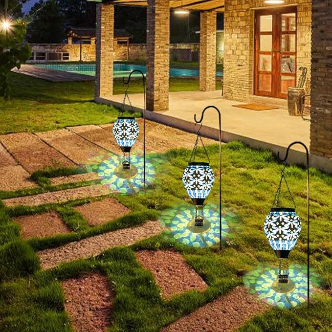 Starsoul Mosaic Dragonfly Hot Air Balloon Solar Lantern Glass Outdoor Hanging Hot Air Balloon Solar Flickering Flame Light Waterproof Garden Patio Yard Party Decorations