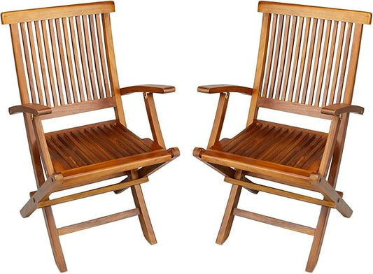 TeakCraft Teak Folding Arm Chair - 2 Piece Foldable Chairs Set - Fully Assembled - Solid Wooden Outdoor, Indoor- Wood Dining Room, Kitchen, Patio, Bistro Chairs, The Mille