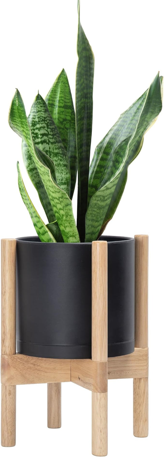 D'vine Dev Planter Pot with Stand - 8 Inch Plastic Cylinder Flower Pot with Wood Planter Holder for Indoor, Matte Black Pot + Natural Stand, 55-C-J-2
