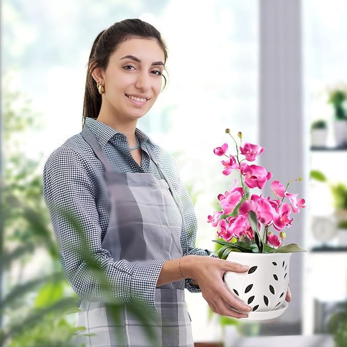 Orchid Pot with Holes & Saucers, 6.1 inch Ceramic Large Orchid Planter for Repotting, Flower Plant Pot with Drainage for Indoor Outdoor Home Decor, White