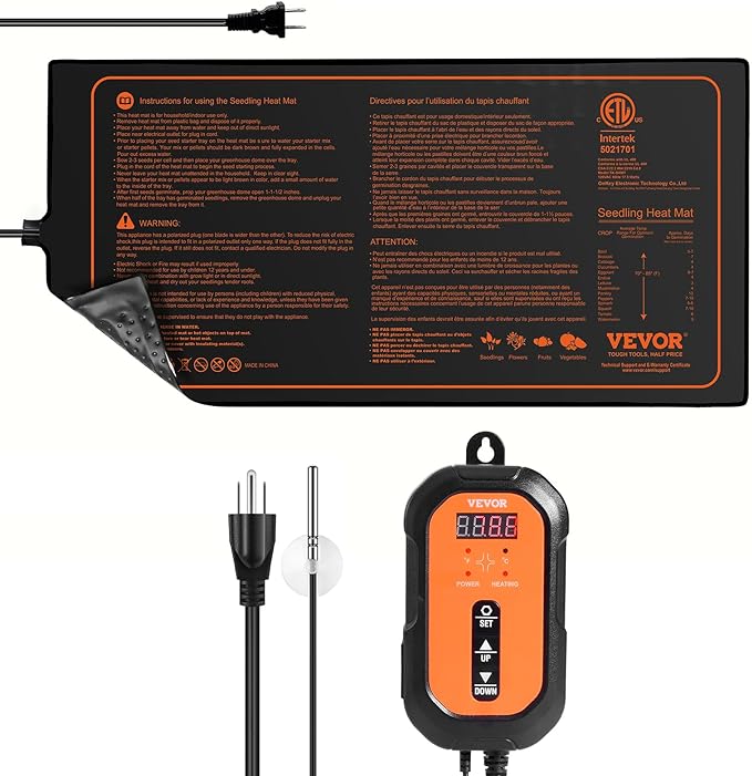VEVOR 10"x 20.75" Seedling Heat Mat w/Digital Thermostat Combo Set, MET-Listed Heating Pad for Seed Starting, Waterproof Seed Mats for Germination, Indoor Gardening, Hydroponic, Greenhouse, 1 Pack