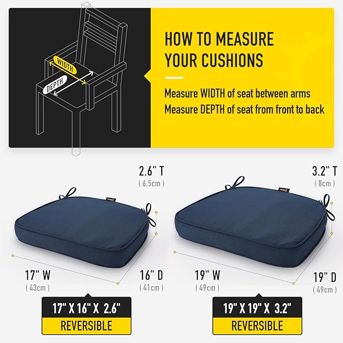 SUNROX Gel Memory Foam Chair Cushion with Ties, Ultra Durable Water Resistant FadeShield Outdoor/Indoor Reversible Chair Seat Cushion 17 x 16 inch Set of 4, Navy