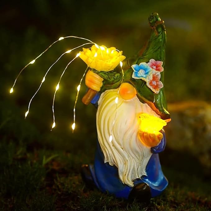 Outdoor Garden Gnomes Statue: Solar Garden Decor with LED Light Patio Yard Lawn Decoration Valentine's Day Gifts for Women