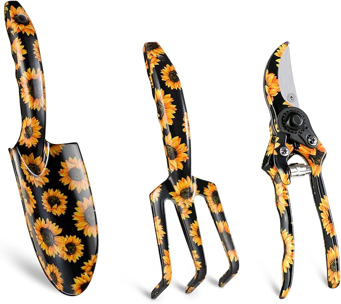GARTOL Garden Tool Set - 3 Piece Thickly Cast Aluminum Gardening Tools Kit with Flower Paint, Heavy Duty Hand Garden Tools with Box Include Trowel, Rake, Pruner Shear, Gift for Gardener (Sunflower)