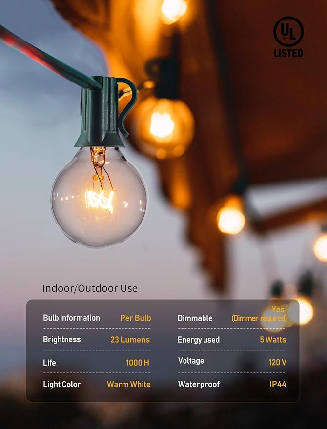 Outdoor Patio String Lights 100Feet G40 Backyard Light with 104 5W Edison Clear Bulbs(4 Spare), UL Listed Waterproof Hanging Lights for Balcony Porch Bistro Party Decor, C7 E12 Socket, Green