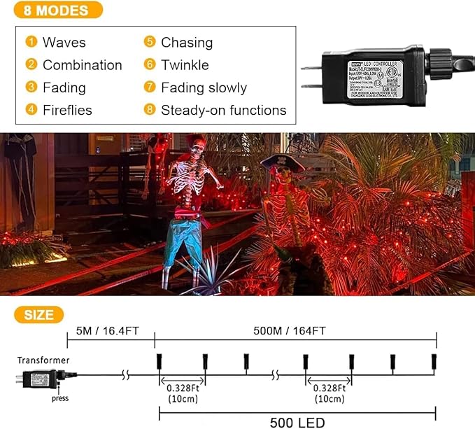 weillsnow 164FT 500 LED Orange Halloween Lights, 8 Modes Waterproof Plug in String Lights for Halloween Indoor Outdoor Yard Party Wedding Garden Home Decorations (Orange)