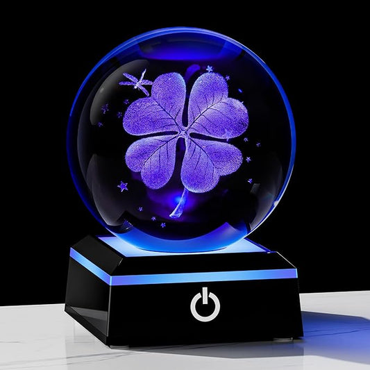 Qianwei 3D Four Leaf Clover 80mm Crystal Ball Good Luck Gifts Ideas with Multicolor Lighting Base - Irish Gifts for Women Decor 4 Leaf Clover