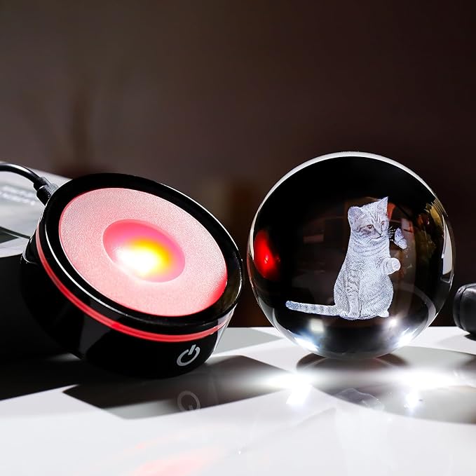 YWHL 3D Crystal Ball Cat Gifts for Women Cat Lover for Christmas Birthday, Laser Cat and Butterfly Figurine with LED Base, Cat Ornament Glass Decorative Ball Globe Night Light for Home Decor (80mm)