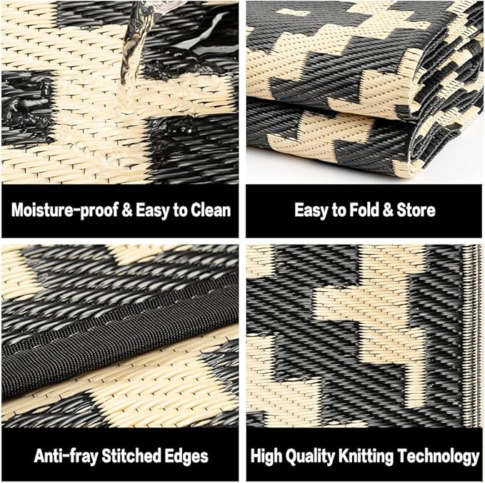 Outdoor Plastic Straw Rug, Waterproof Mat, Washable Large Floor Mat and Rug for Outdoors, RV, Beach, Patio, Camping, Backyard, Deck, Picnic, Indoor Outside (8x10ft,Geometry/Black&Beige)