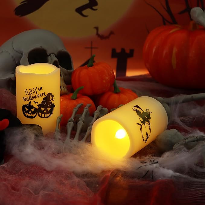 Halloween Outdoor Battery Operated Flameless Pillar Candles with Auto Daily Timer Waterproof Realistic Flickering Electric LED Lights with Pumpkin Witch Decals Halloween Decorations 2 Pack 3X5”