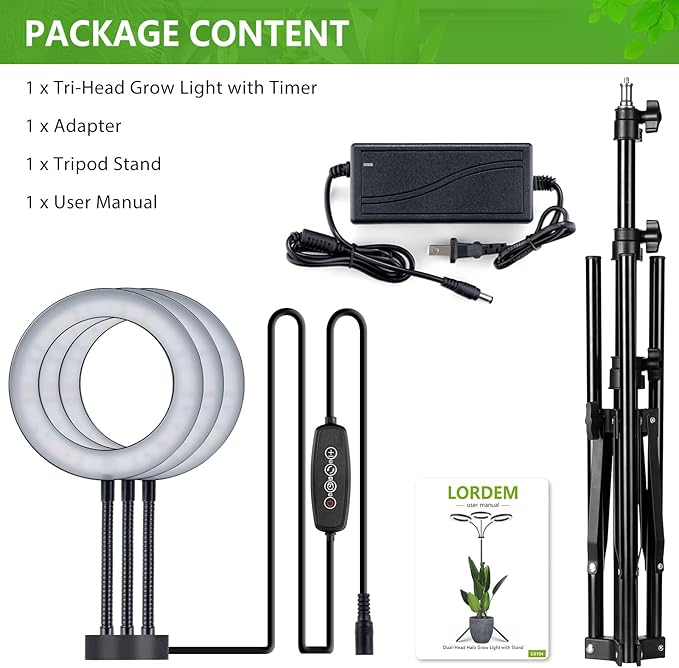 LORDEM Grow Light for Indoor Plants, 7.9" Diameter Tri-Head Plant Light for Plants Growing, Full Spectrum Growth Lamp with Auto Timer 3/6/12H, 4 Dimmable Levels, 3 Lighting Modes, Adjustable Stand
