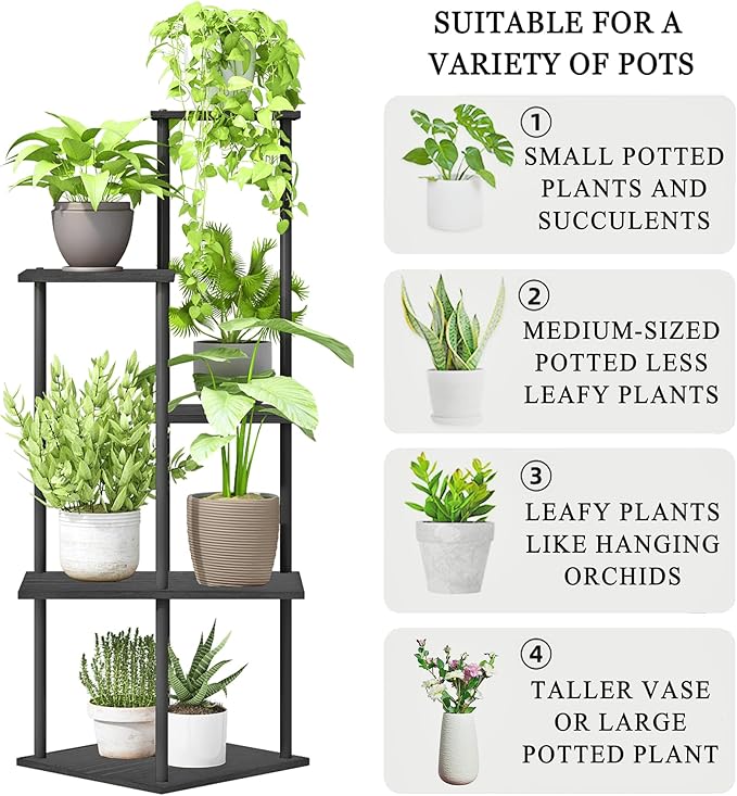 Plant Stand Indoor 5-Tier Metal Wood Plant Shelf for Multiple Flower Pots Corner Tall Flower Holders for Living Room Balcony Bedroom, Black