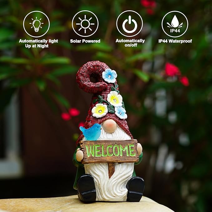 Goodeco Sitting Gnome with Welcome Sign - Garden Gnomes Outdoor with Solar Bird & LED Lights, Ideal Gifts for Mom or Women, Housewarming Gnome Decorations