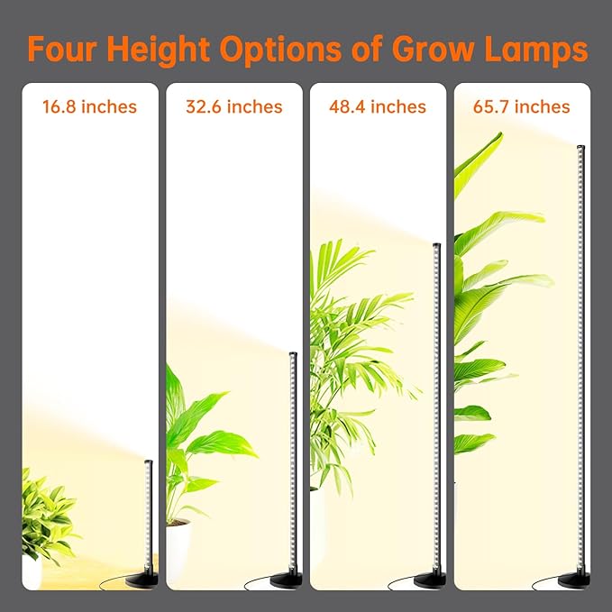 Standing Grow Lights for Indoor Plants,T10 Full Spectrum Vertical Grow Light Wide Illumination Area,16in-65in Adjustable Height Plant Light with Stand,3 Light Modes Floor Grow Light with Timer