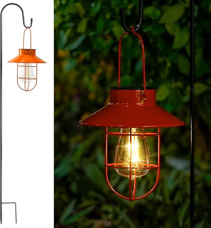Solar Lights Lantern Lamp with Shepherd Hook, Solar Metal Lanterns, Outdoor Lights Decor,Edison Bulb Lights for Garden ,Outside Decor for Pathways,Patio, Lawn, or Landscaping (Orang)