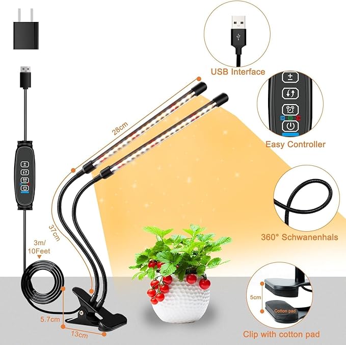 Full Spectrum Dual Heads Clip Grow Lights for Indoor Plants with 3/9/12H Timer Dimmer and 10 feet Cables for Plant Growing(Adapter Included)